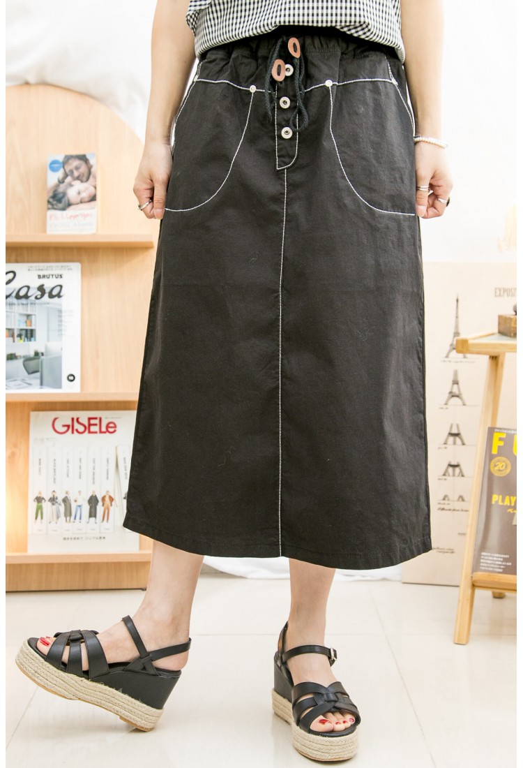 2215-1122-日系- 後幅下擺開叉 ‧ 橡根腰束繩 ‧ 拼色車線扯布料半截裙 (韓國)  